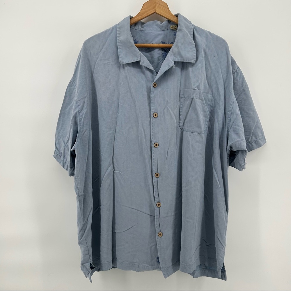 Tommy Bahama Silk Shirt Mens 2XL Blue Tonal Stripe Coastal Camp Relaxed Luxury